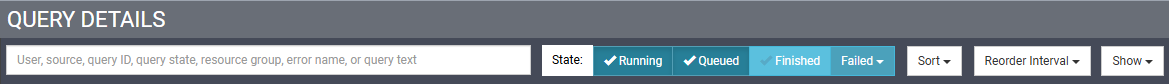 Query search, sort, and filter controls