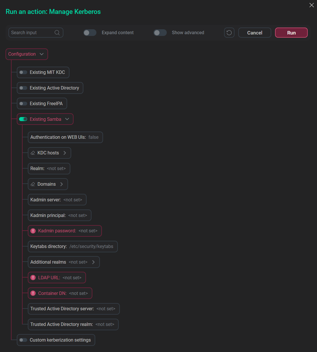 Kerberos activation options