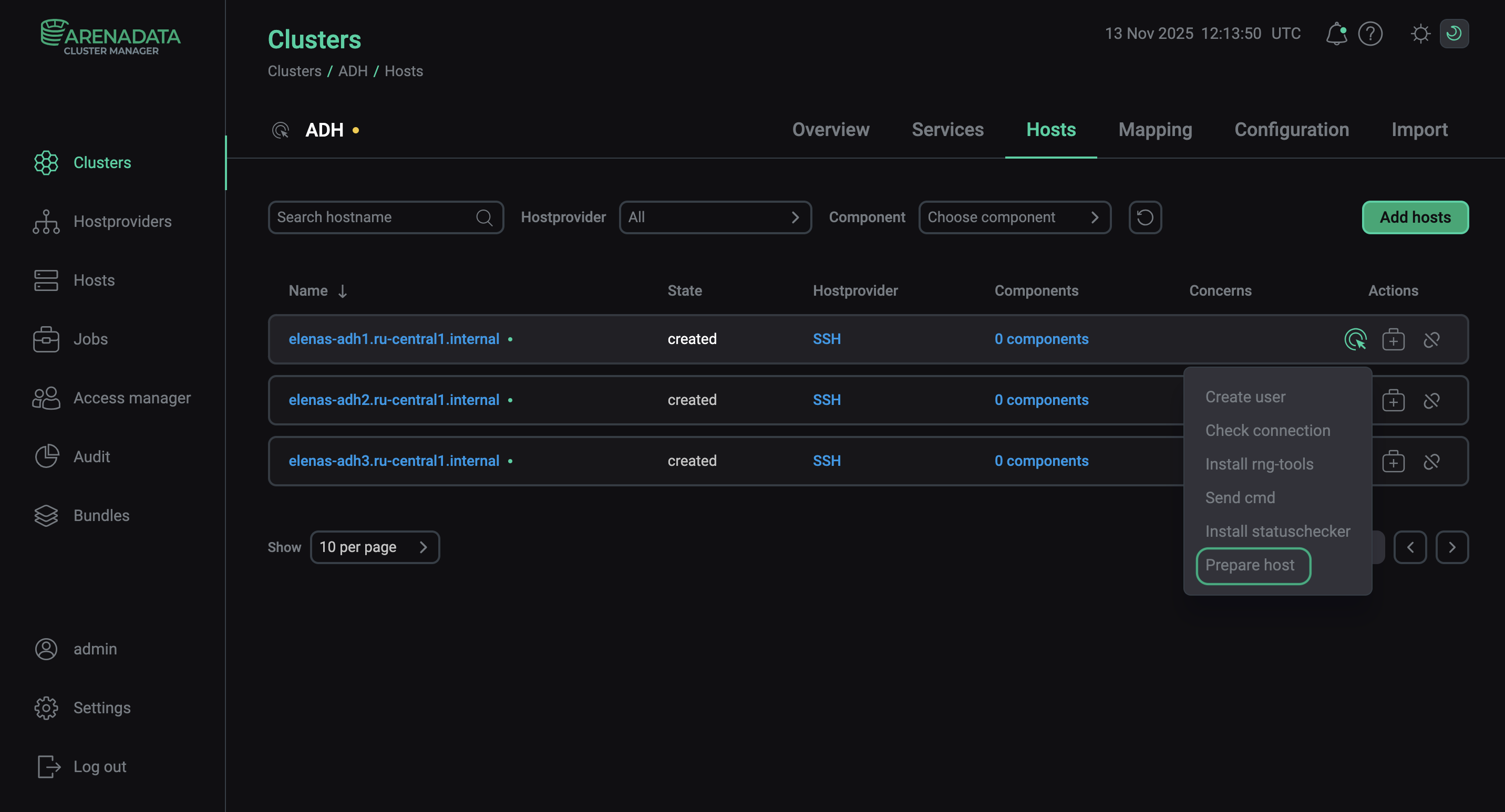 Execute the Prepare host action via host actions