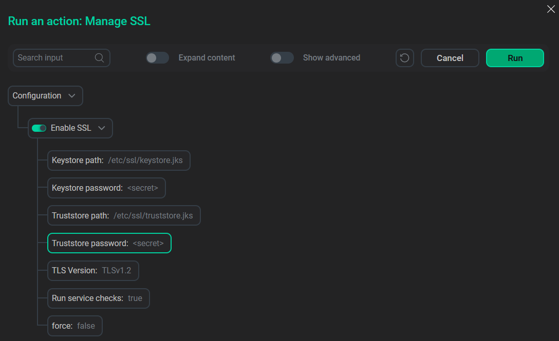 The Run an action window for the Enable SSL action