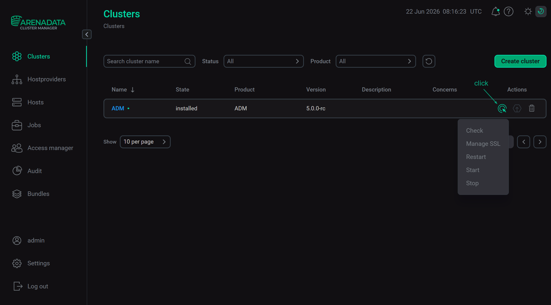The Clusters page