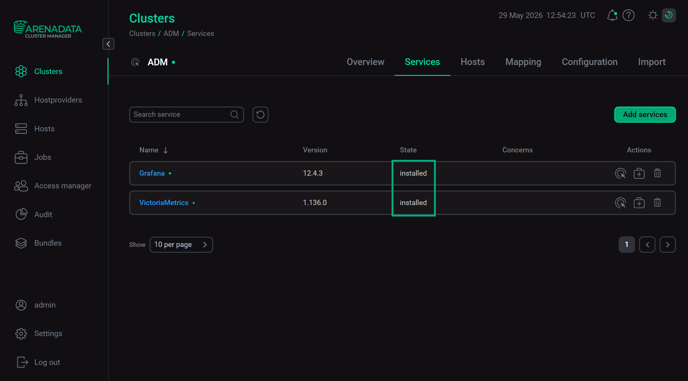 The state of cluster services after successful installation