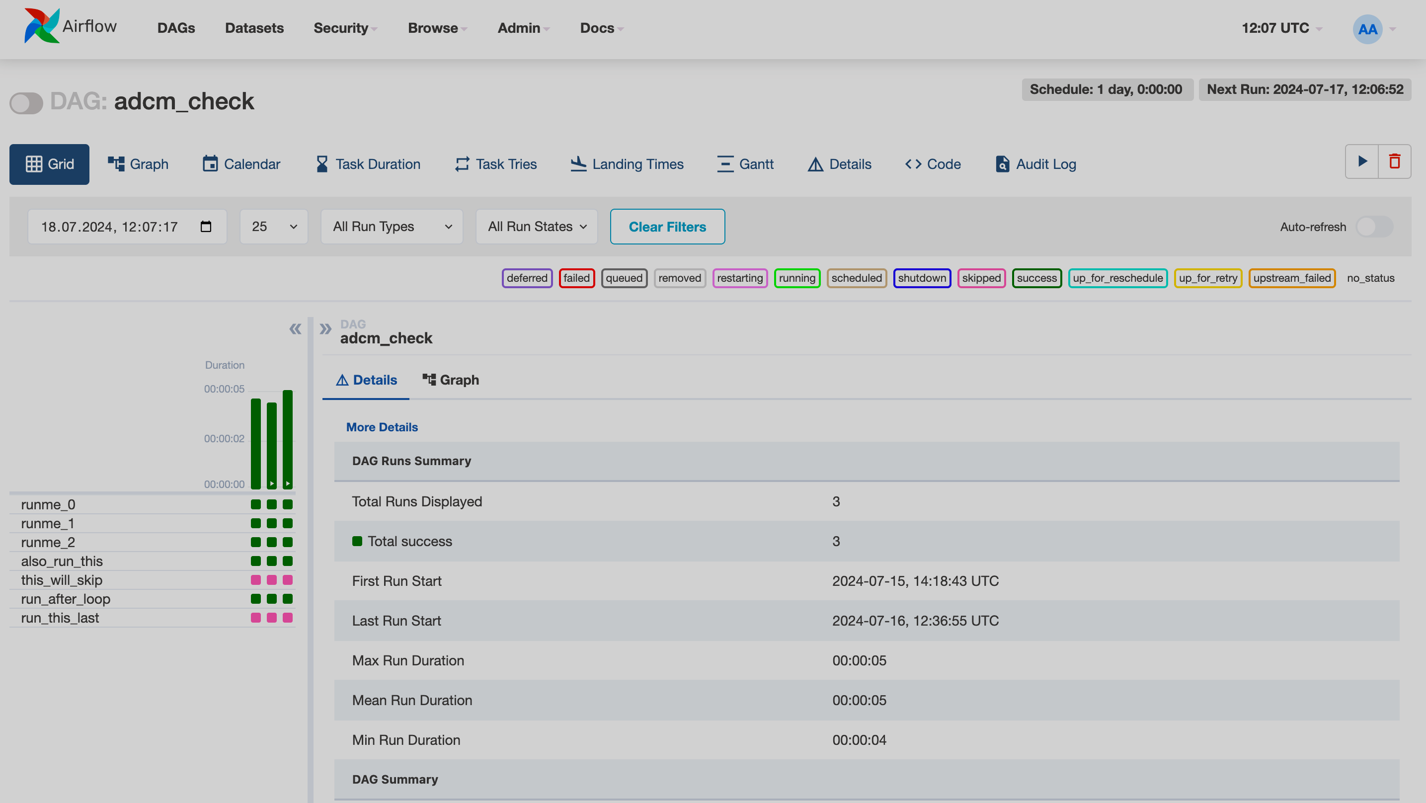 Airflow UI: a DAG page
