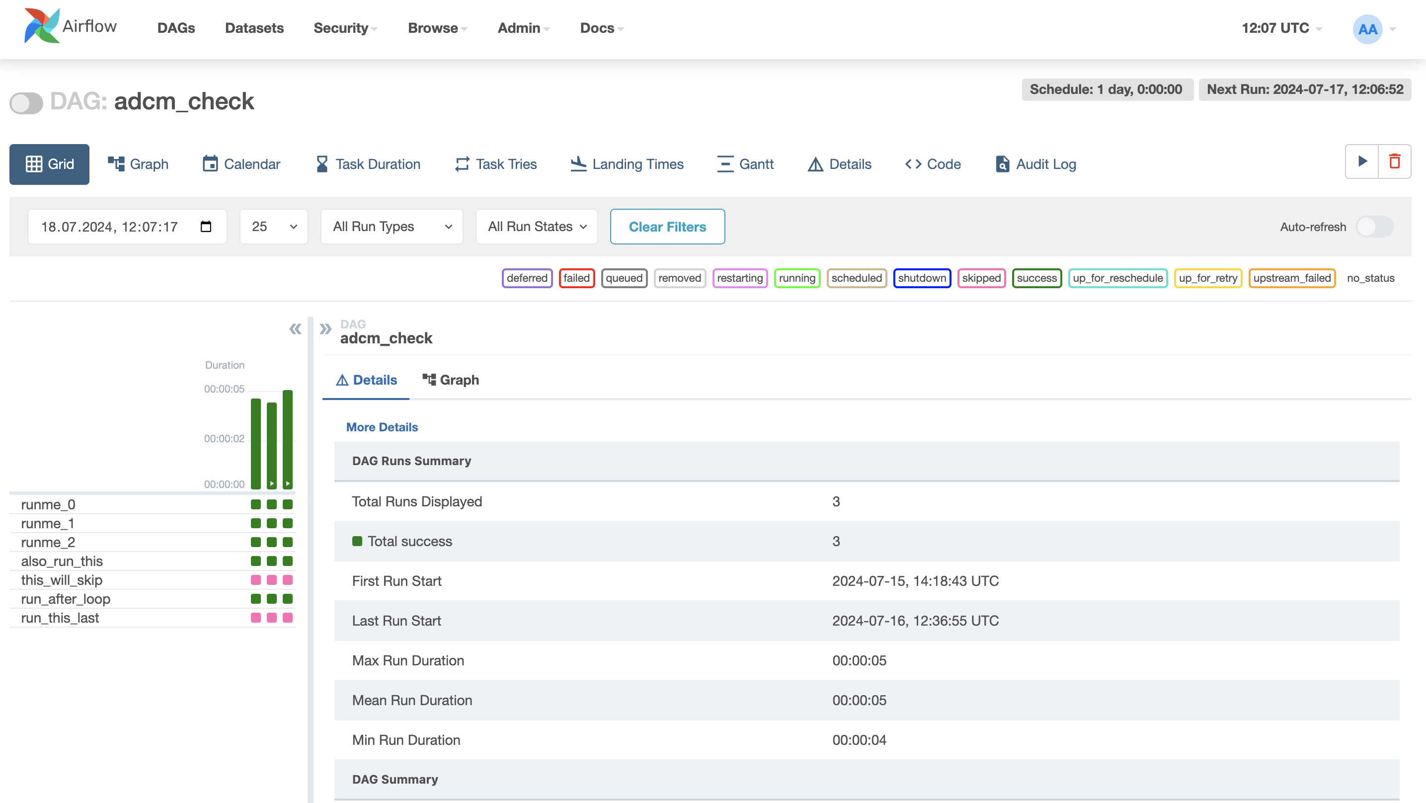 Airflow UI: a DAG page