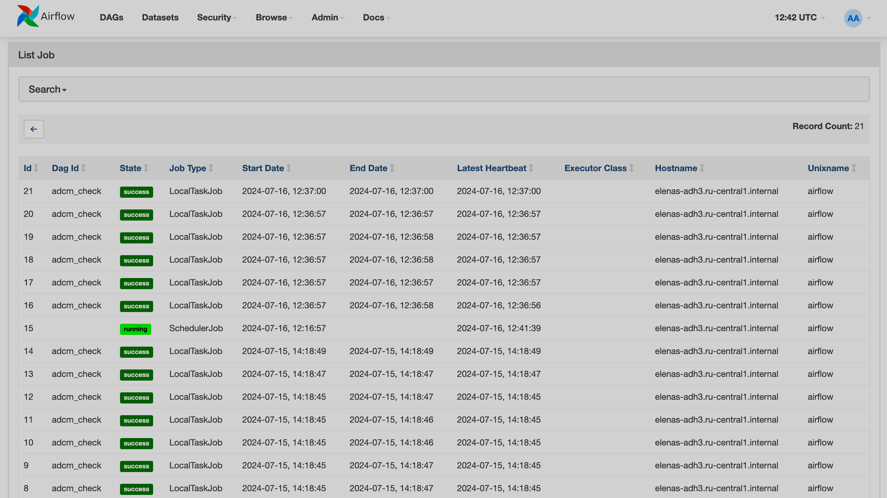 Airflow UI: Jobs page