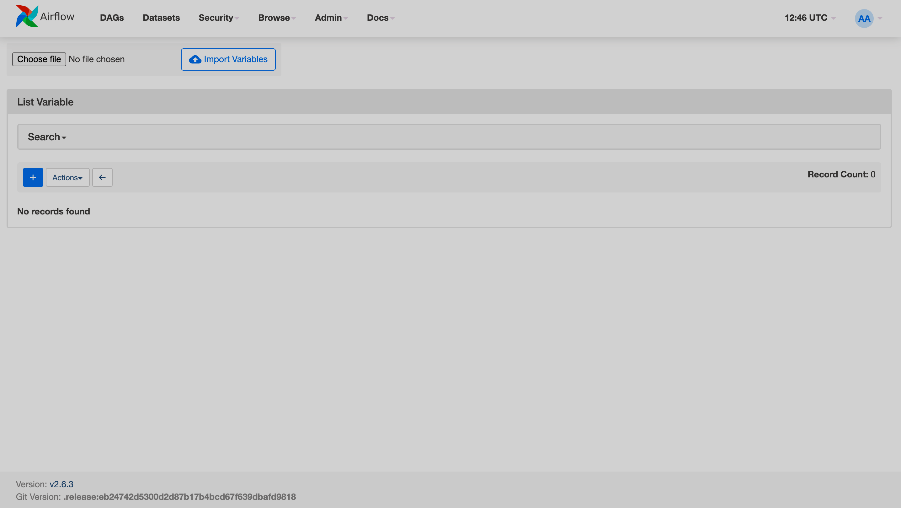 Airflow UI: Variables page