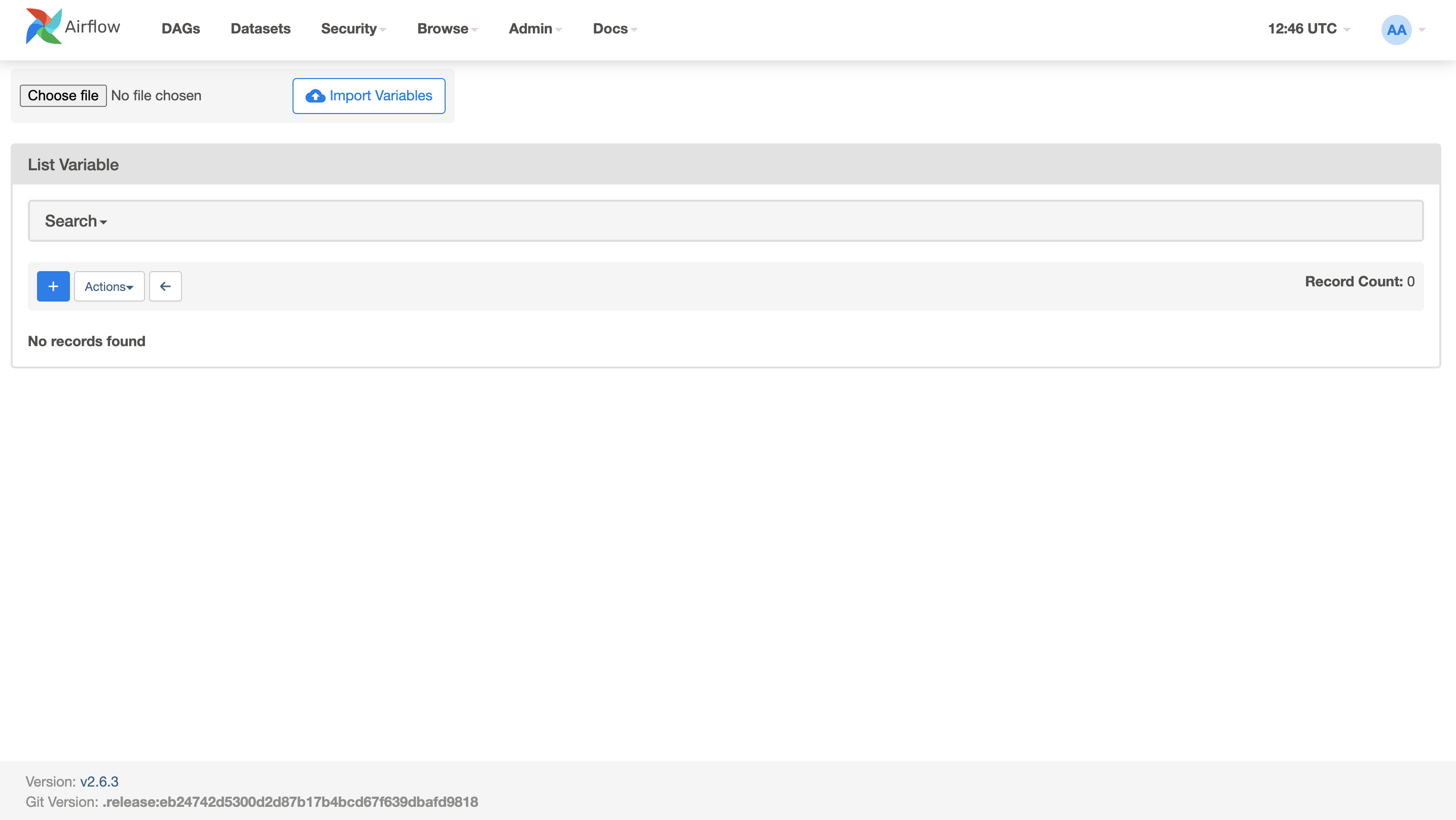 Airflow UI: Variables page
