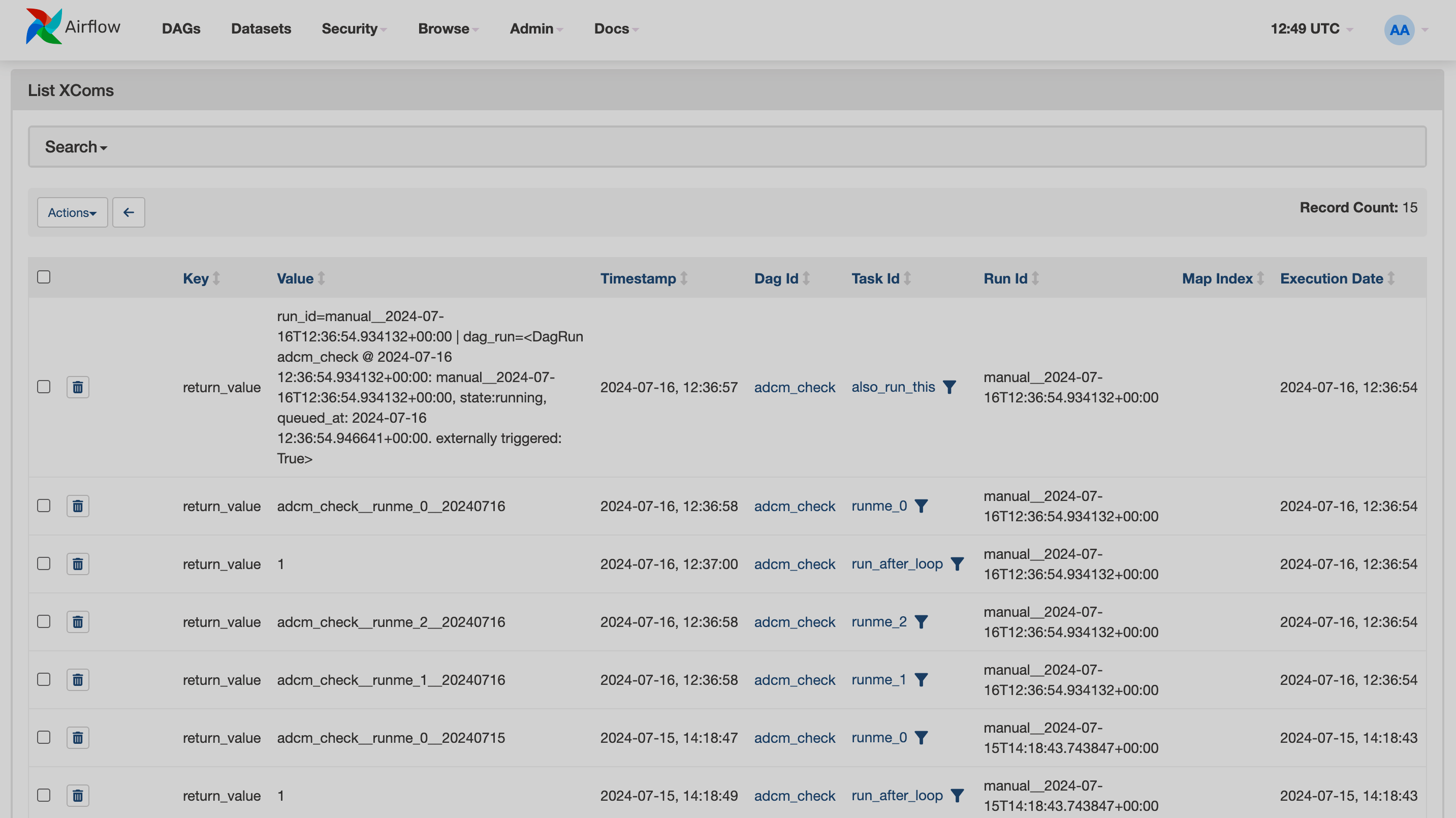 Airflow UI: XComs page