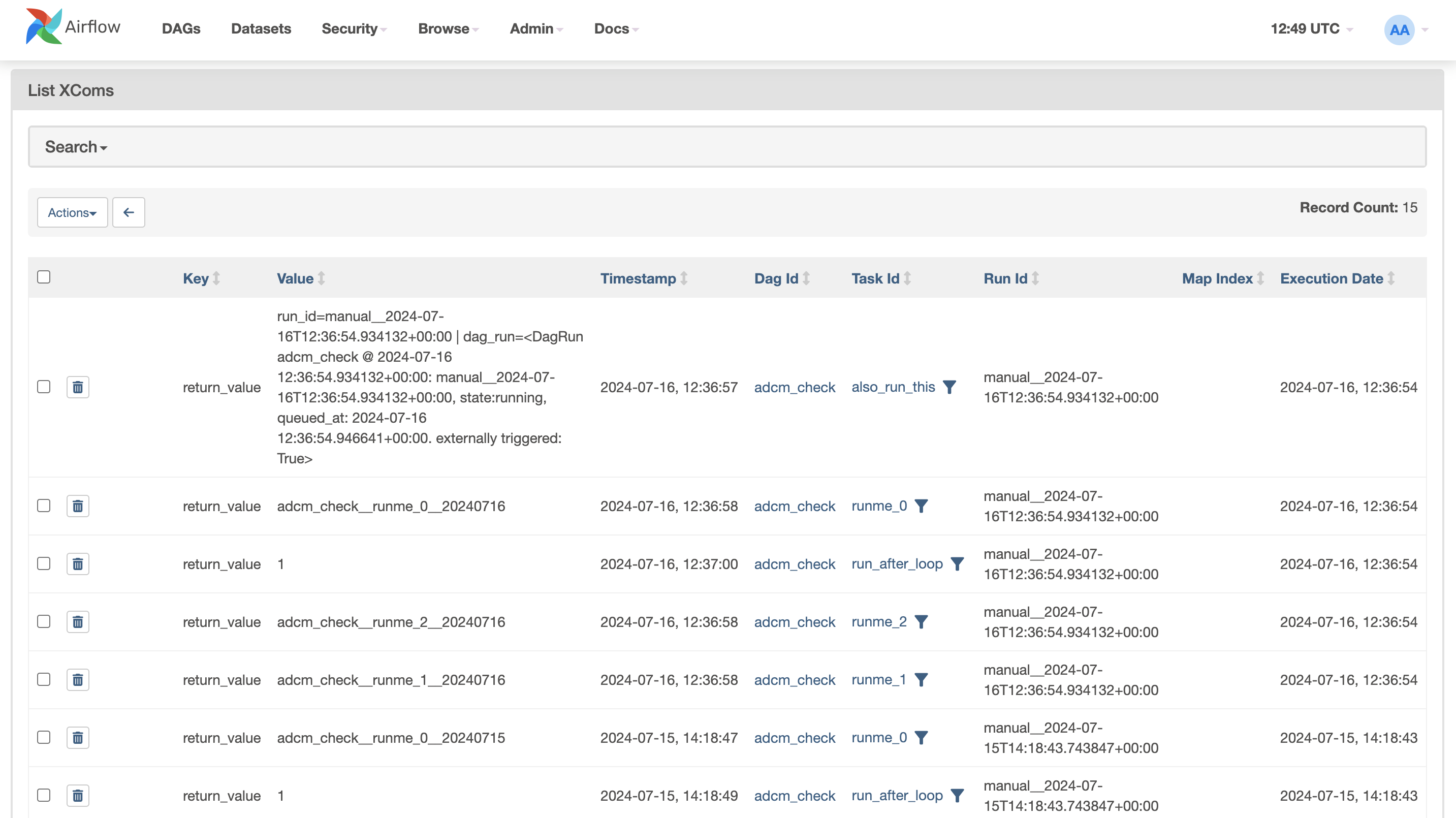Airflow UI: XComs page