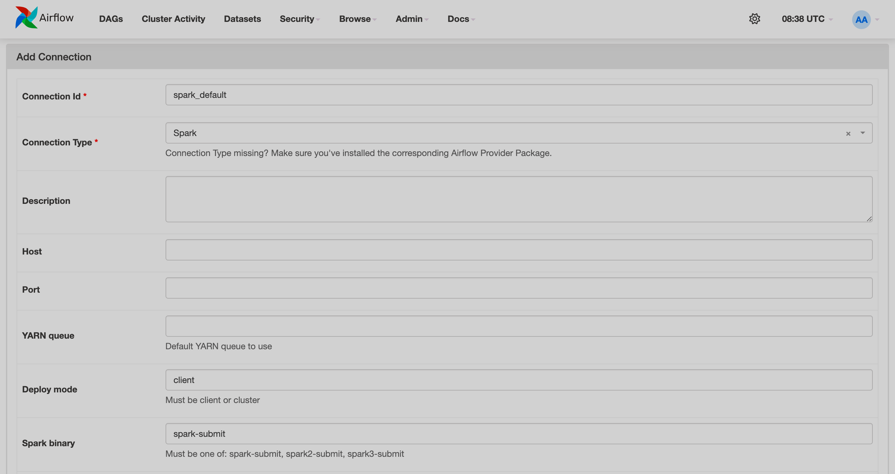 Add spark-default connection in Airflow web UI