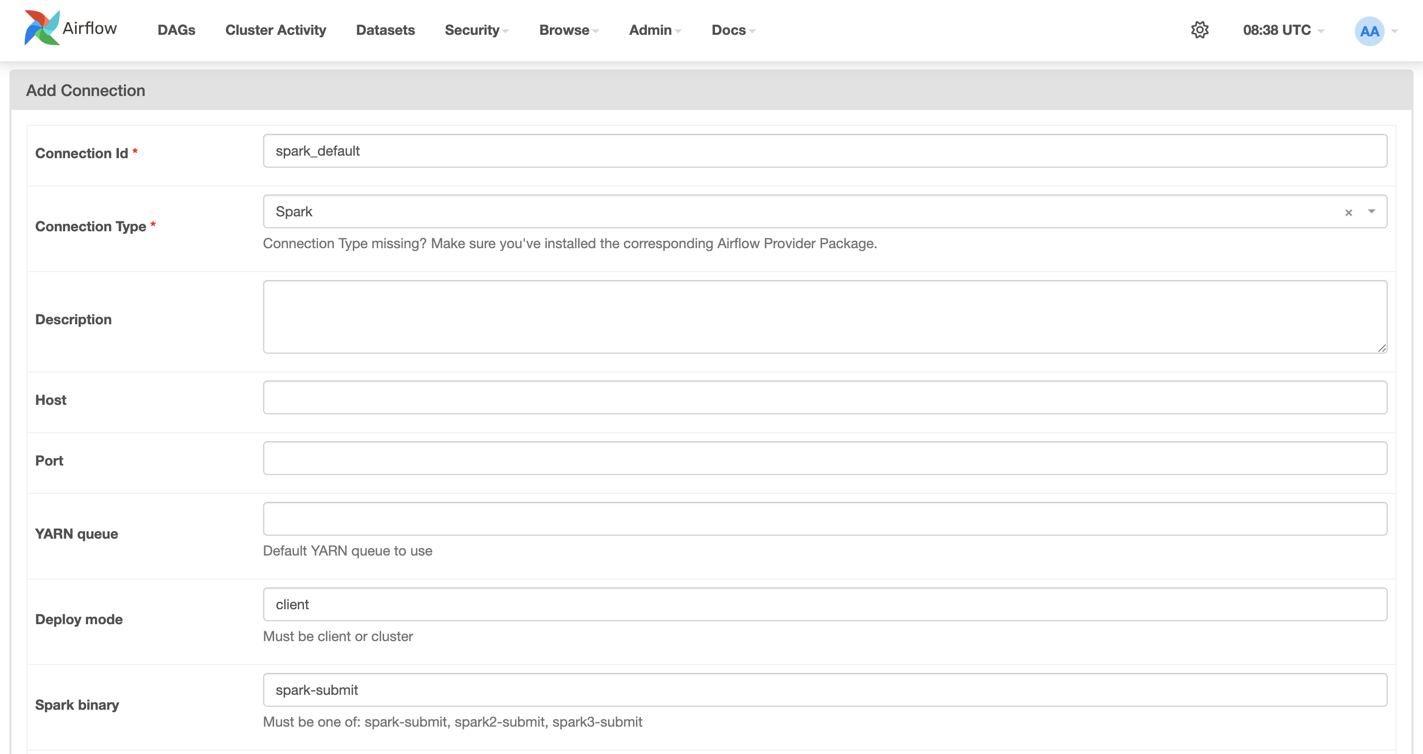 Add spark-default connection in Airflow web UI