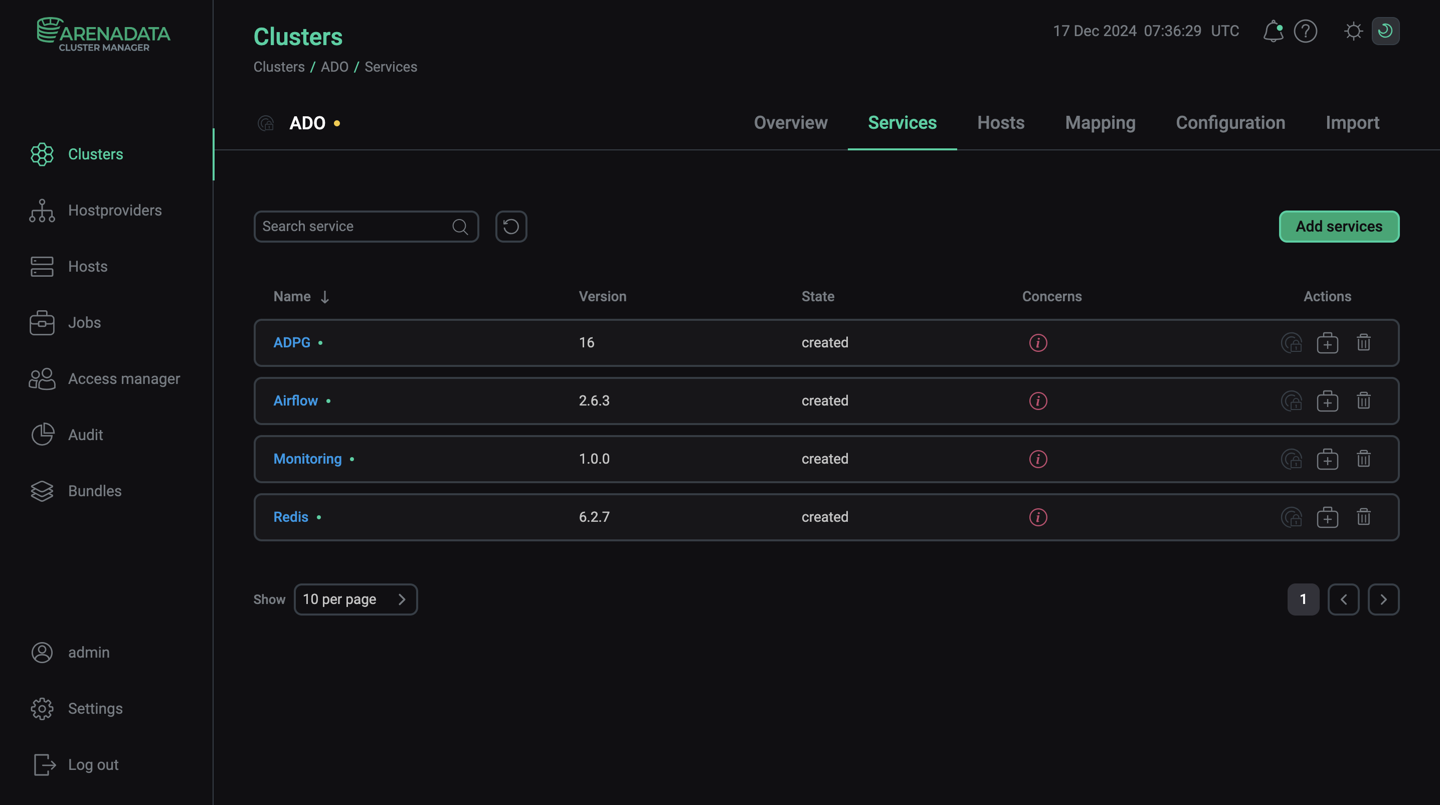 The result of successful adding services to a cluster