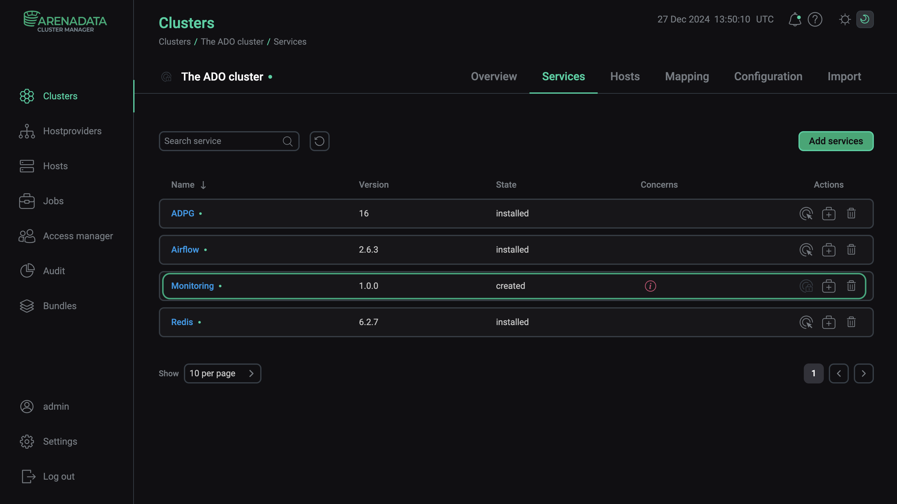 The result of successful adding the service to the cluster