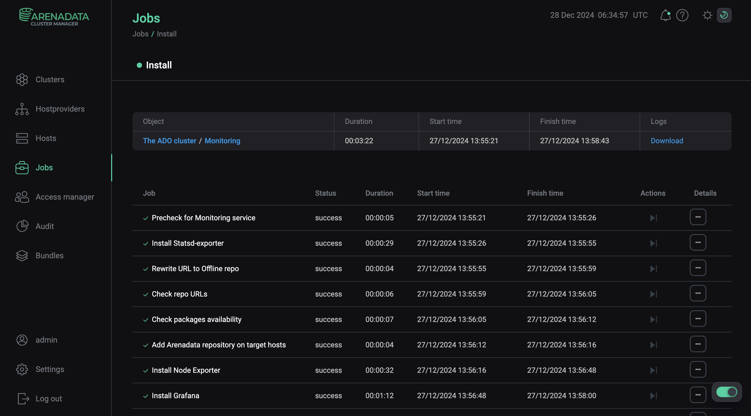 Install service job page