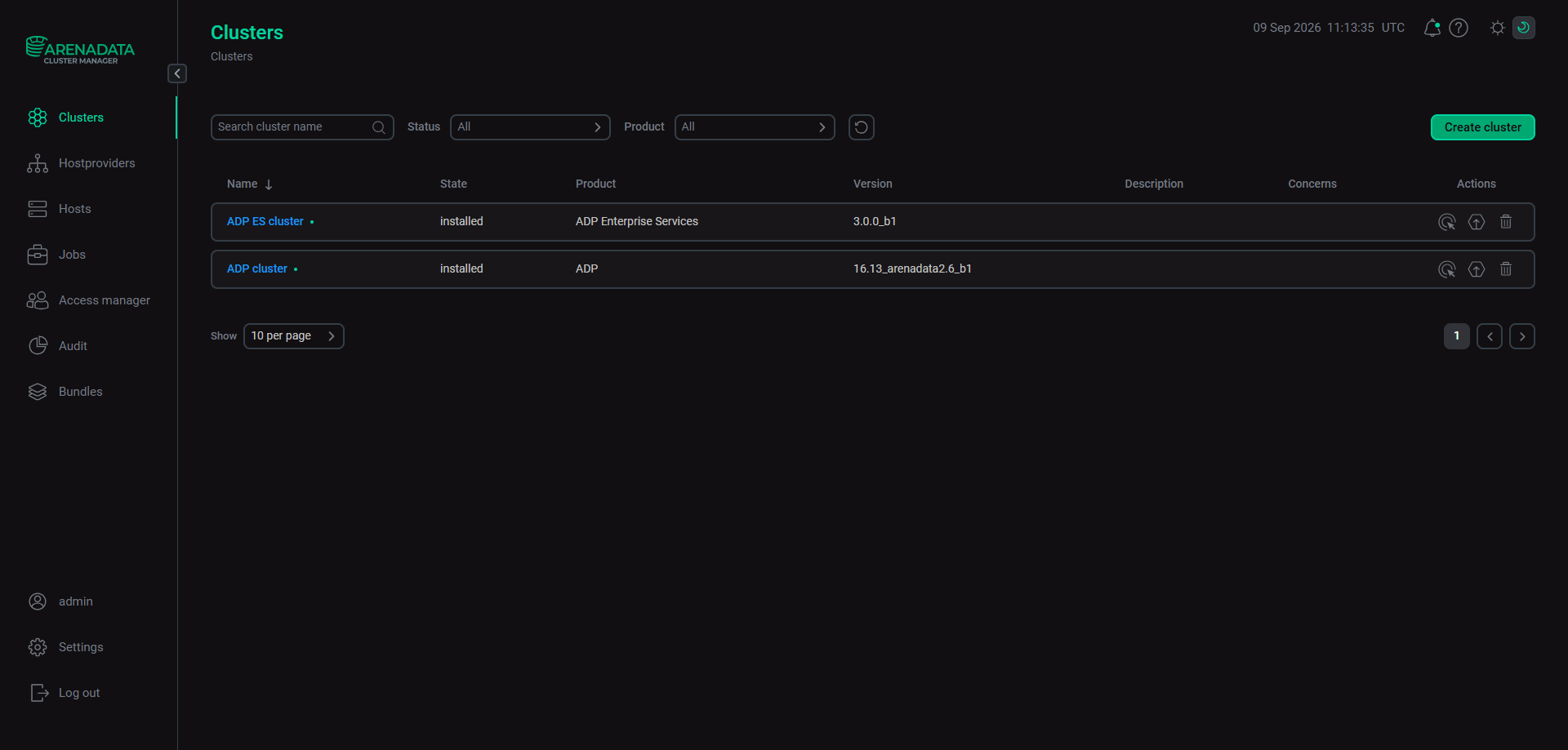 The Clusters page