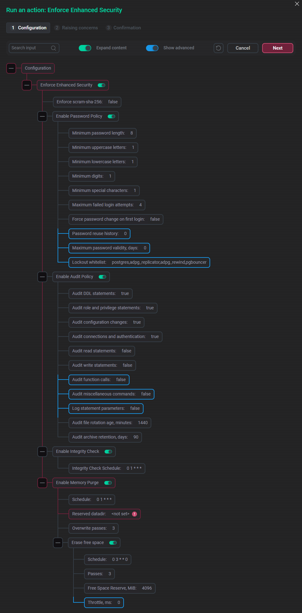 Settings of the Enforce Enhanced Security action