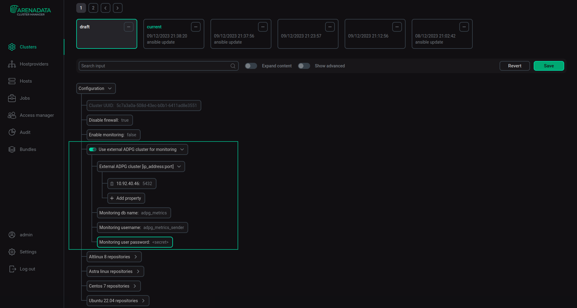 Settings of the external ADPG cluster