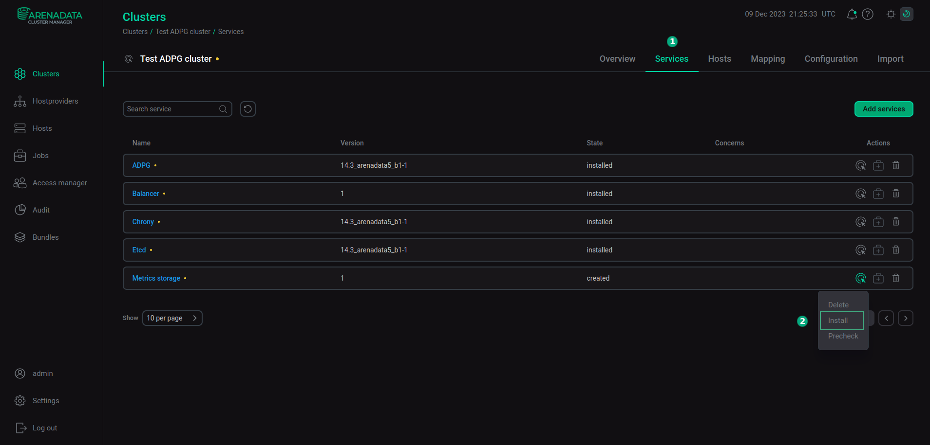 The Install action of the Metrics storage service