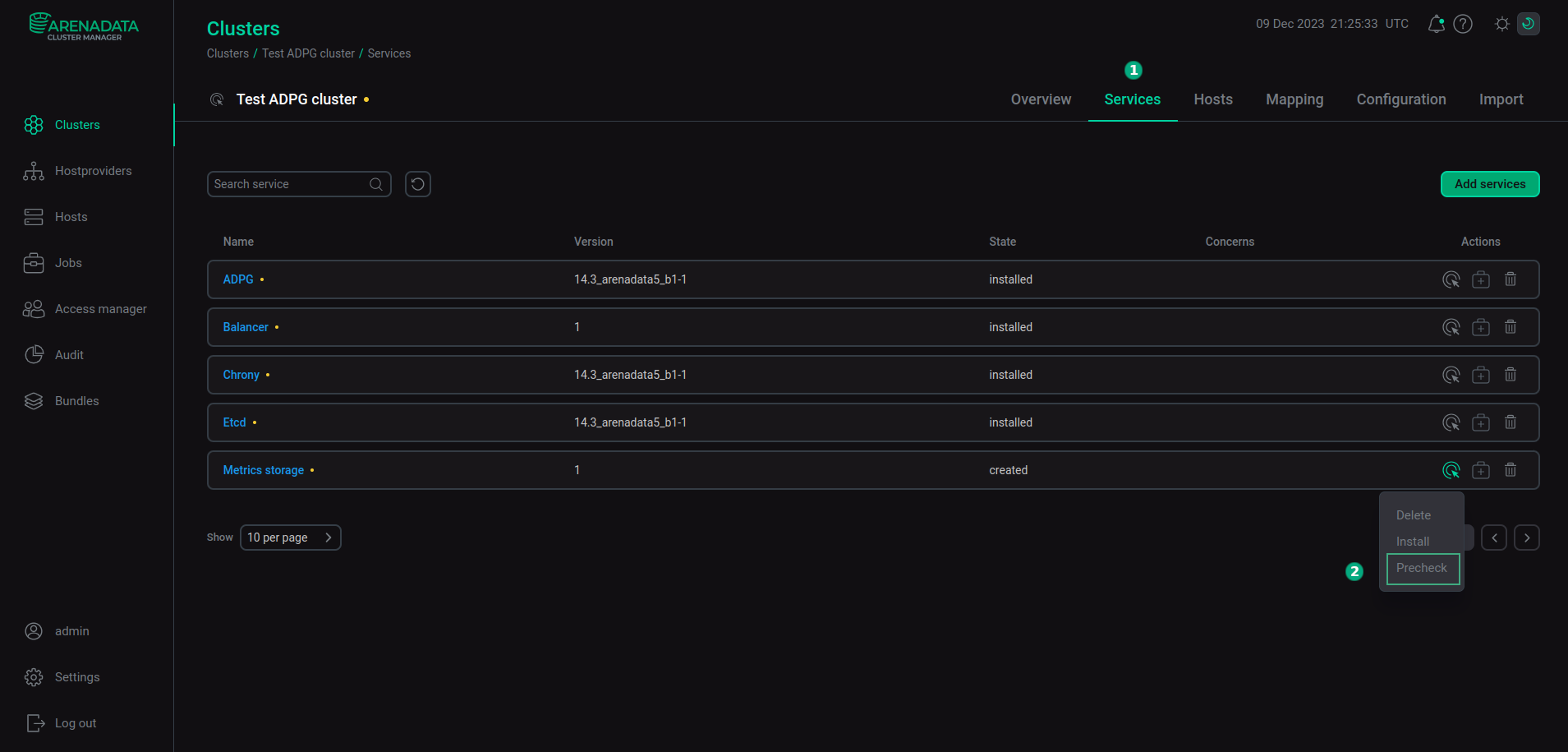 The Precheck action of the Metrics storage service