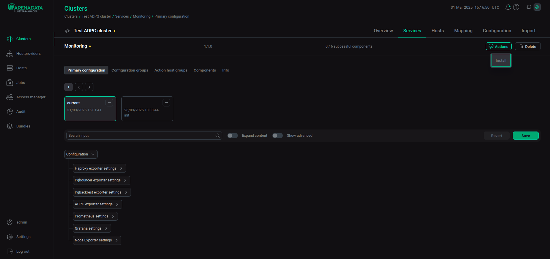 The Install action of the Monitoring service