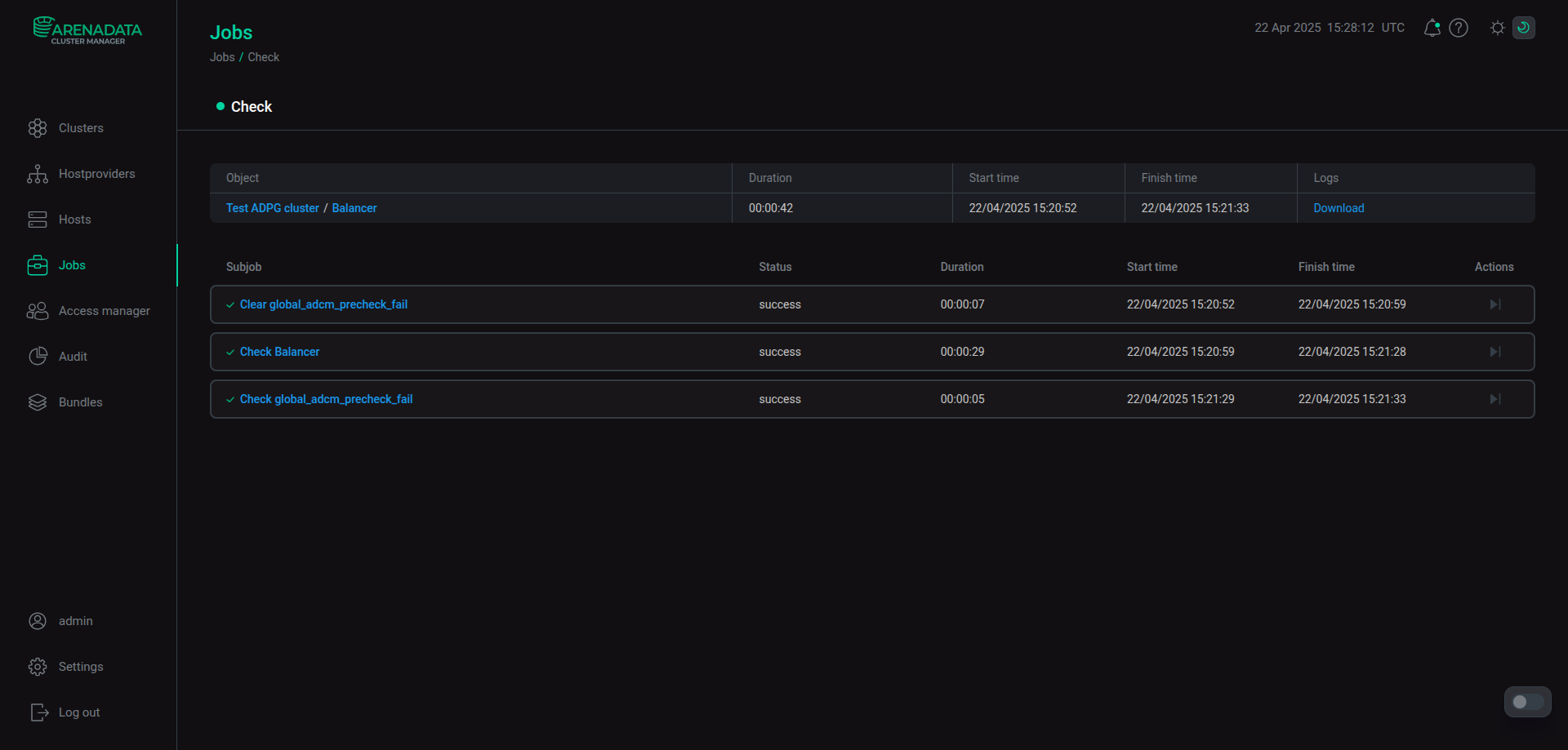 The Check action result on the Jobs page