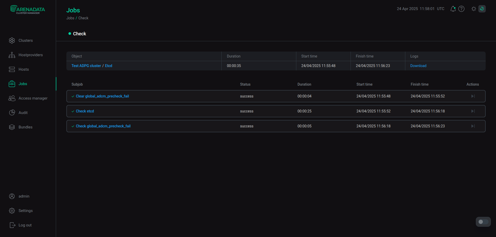 The Check action result on the Jobs page