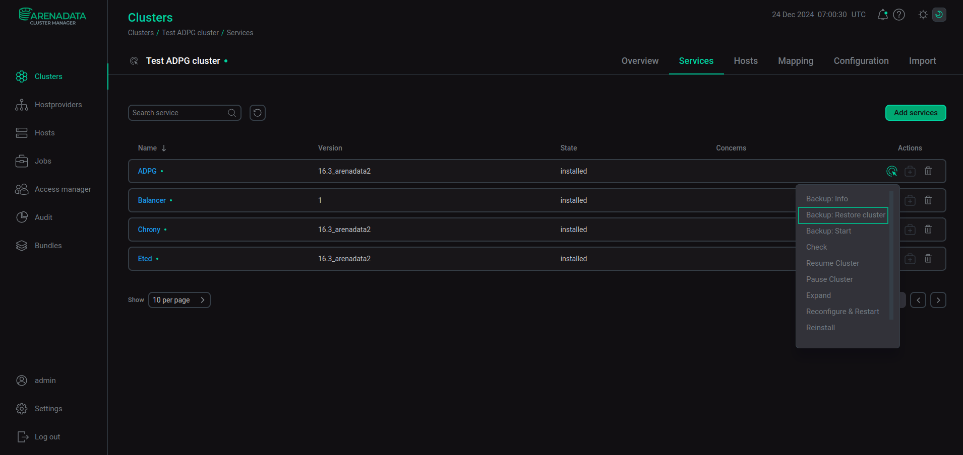 Execute the Backup: Restore cluster action