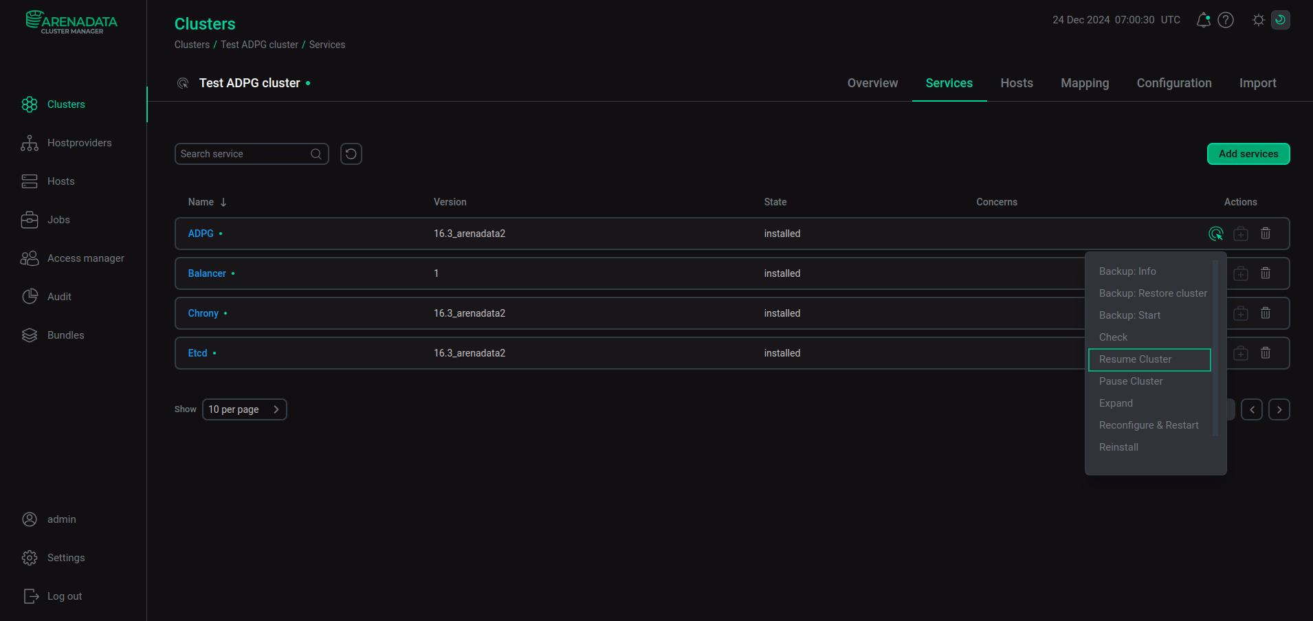 Execute the Resume Cluster action