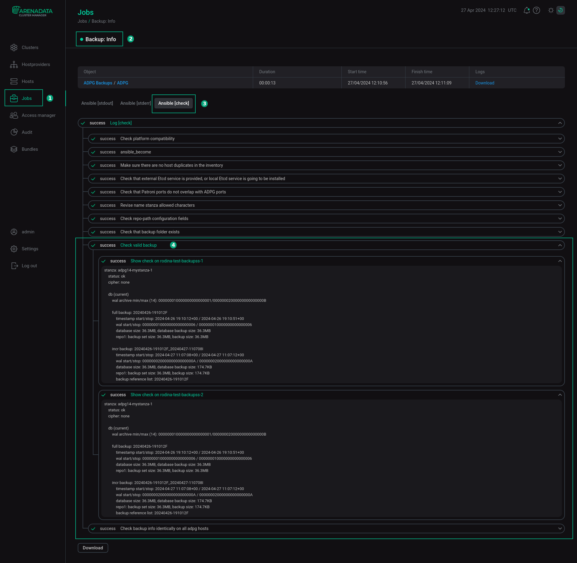 The result of the Backup: Info action