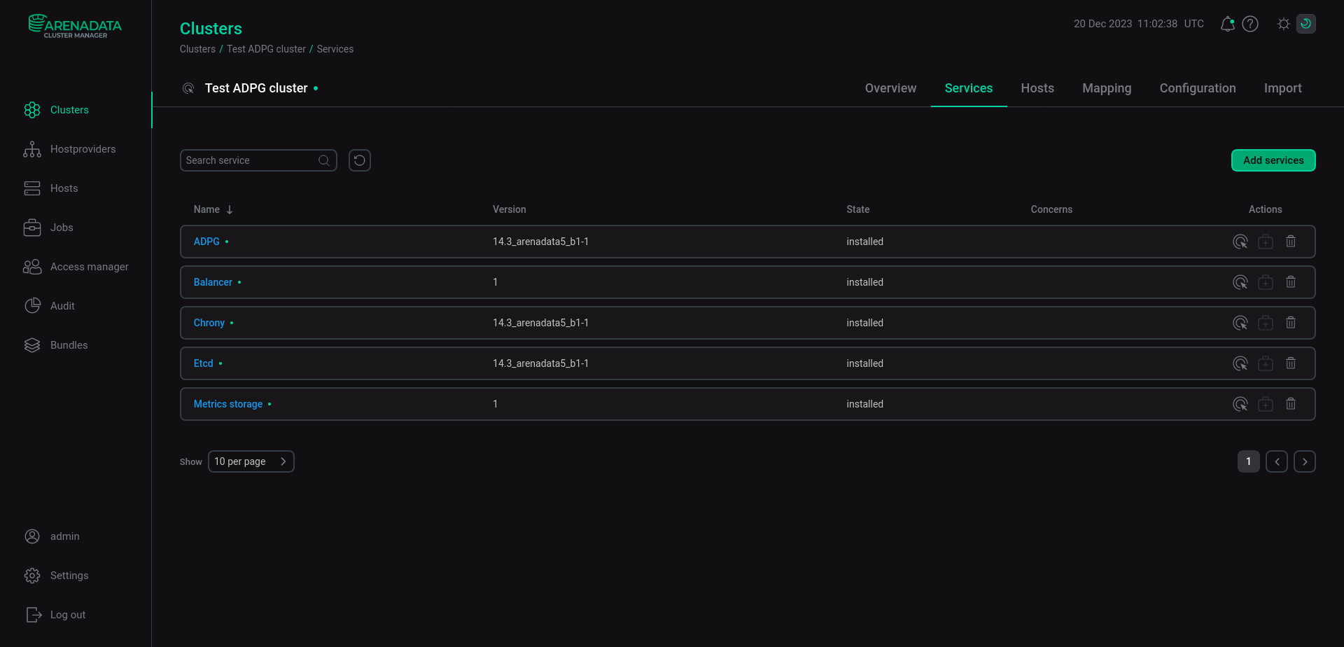 ADPG cluster services in the ADCM interface