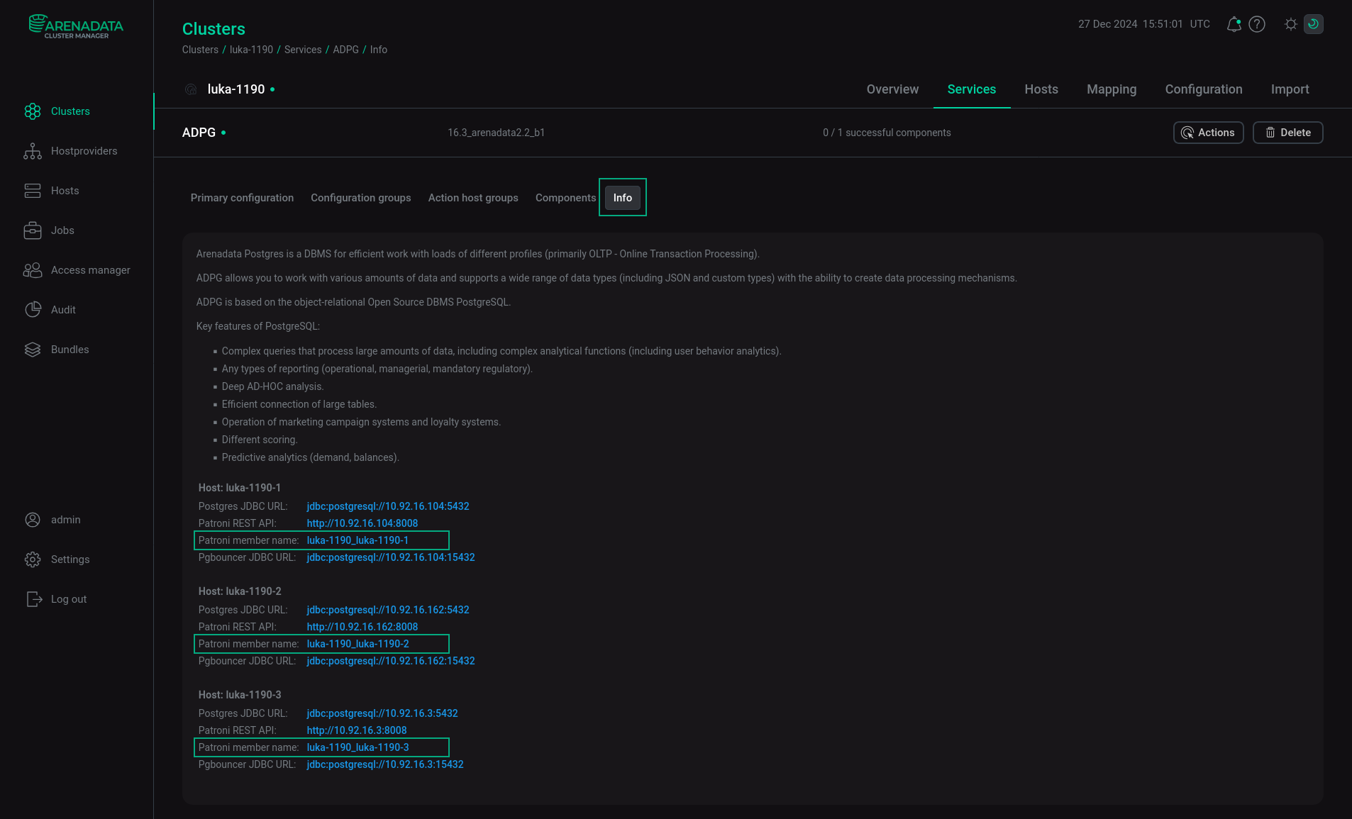 The Info tab of the ADPG service