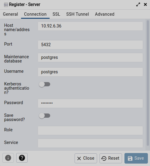 Connection settings in pgAdmin