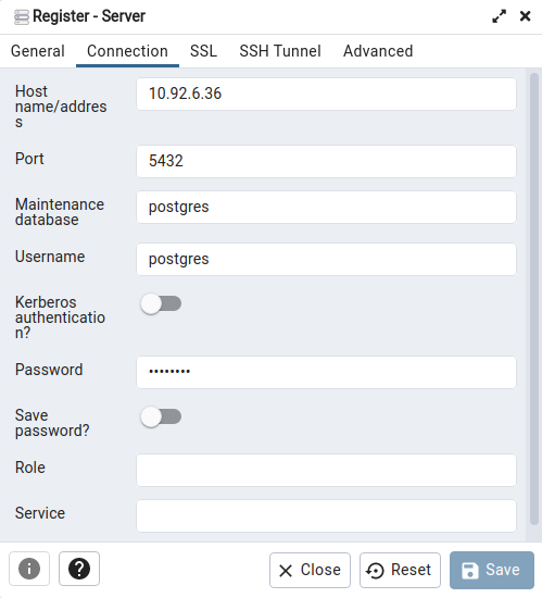 Connection settings in pgAdmin