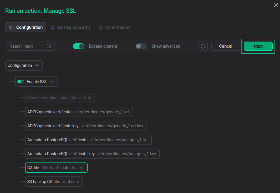 The Run an action: Manage SSL window with specified SSL settings