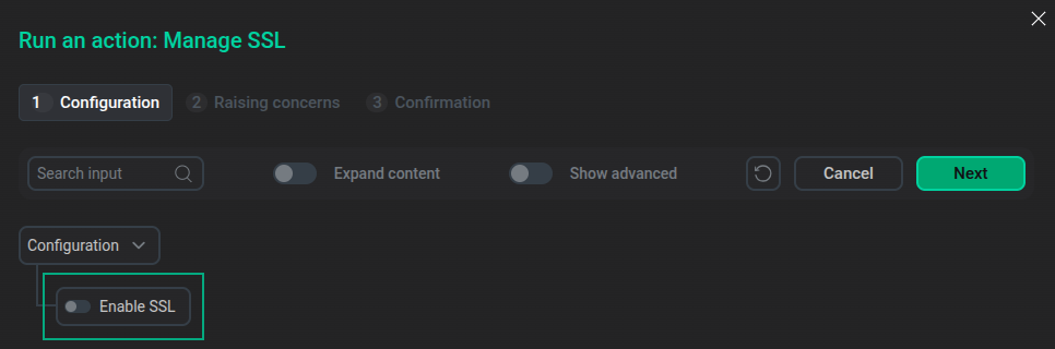 The Run an action: Manage SSL window