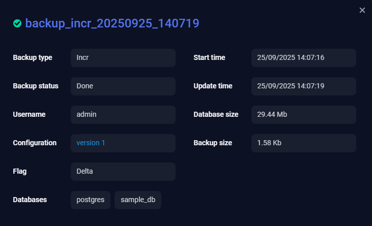 The window with backup details