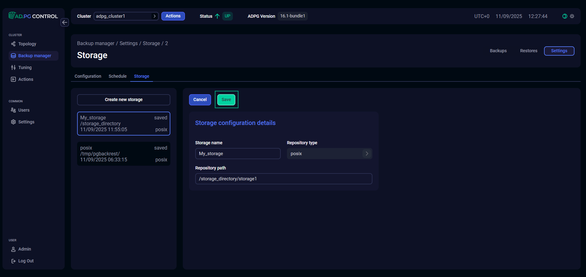 Save modified storage settings
