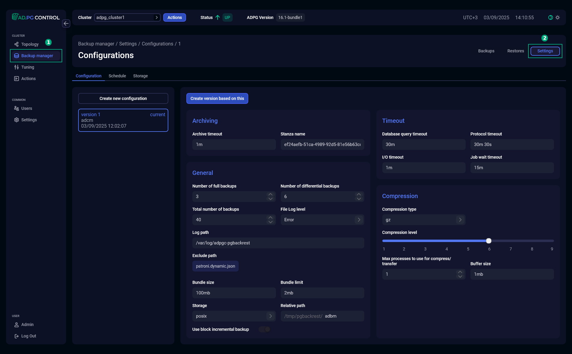 The Settings tab of Backup manager
