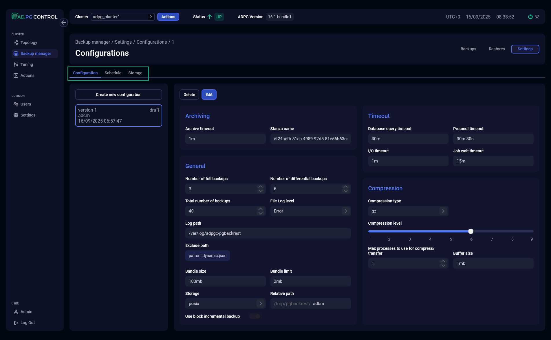 Sub-tabs of the Settings tab