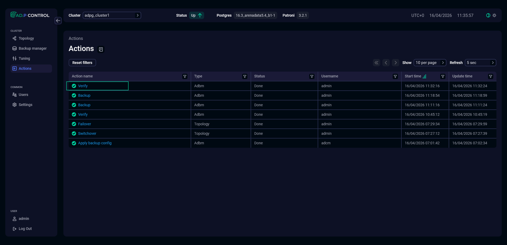The Actions page