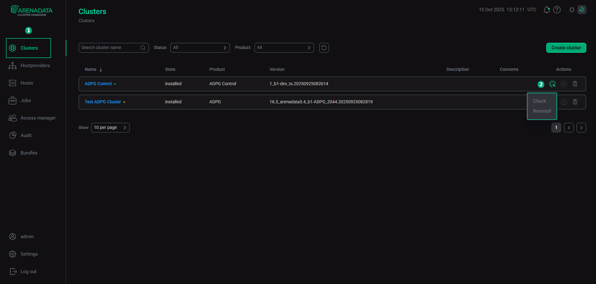 ADPG Control cluster in the ADCM UI