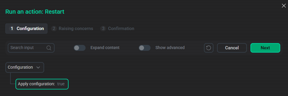 The Restart action’s window