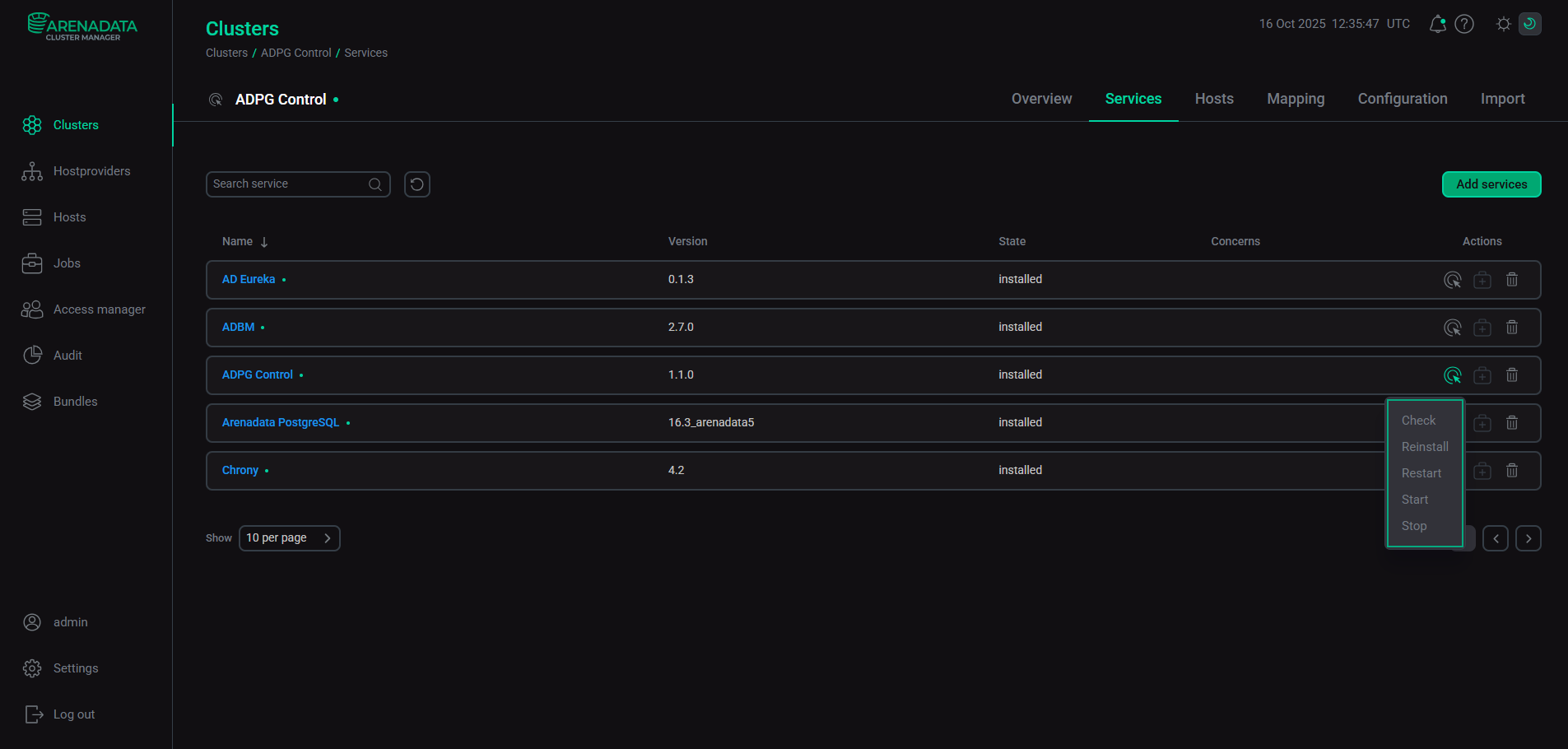ADPG Control service actions