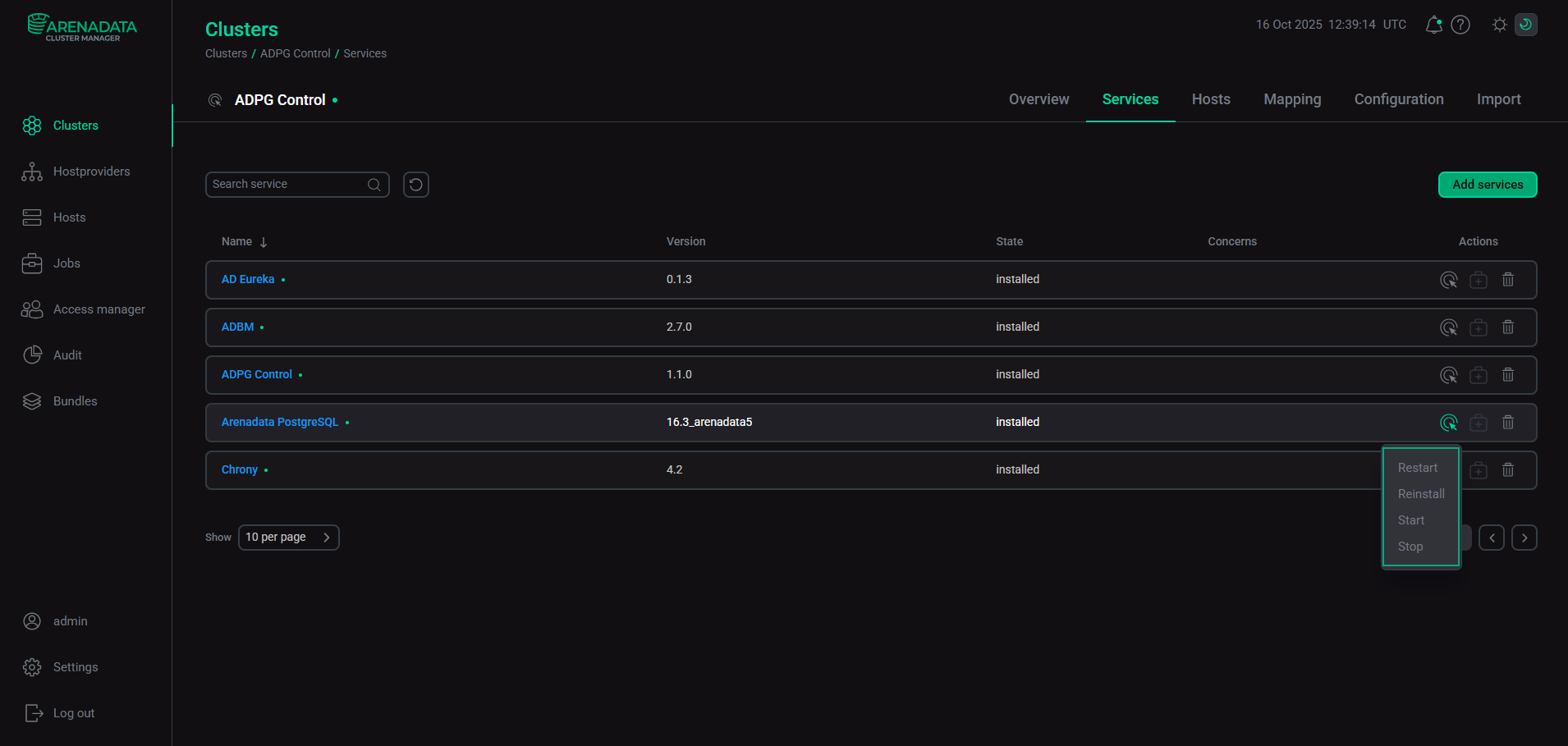 Arenadata PostgreSQL service actions