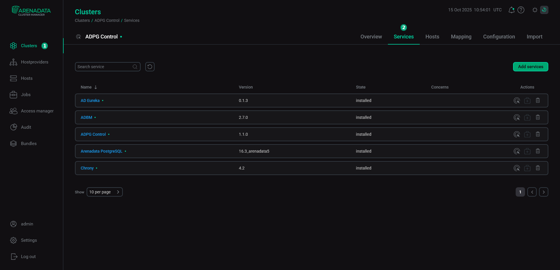 ADPG Control cluster services in the ADCM interface