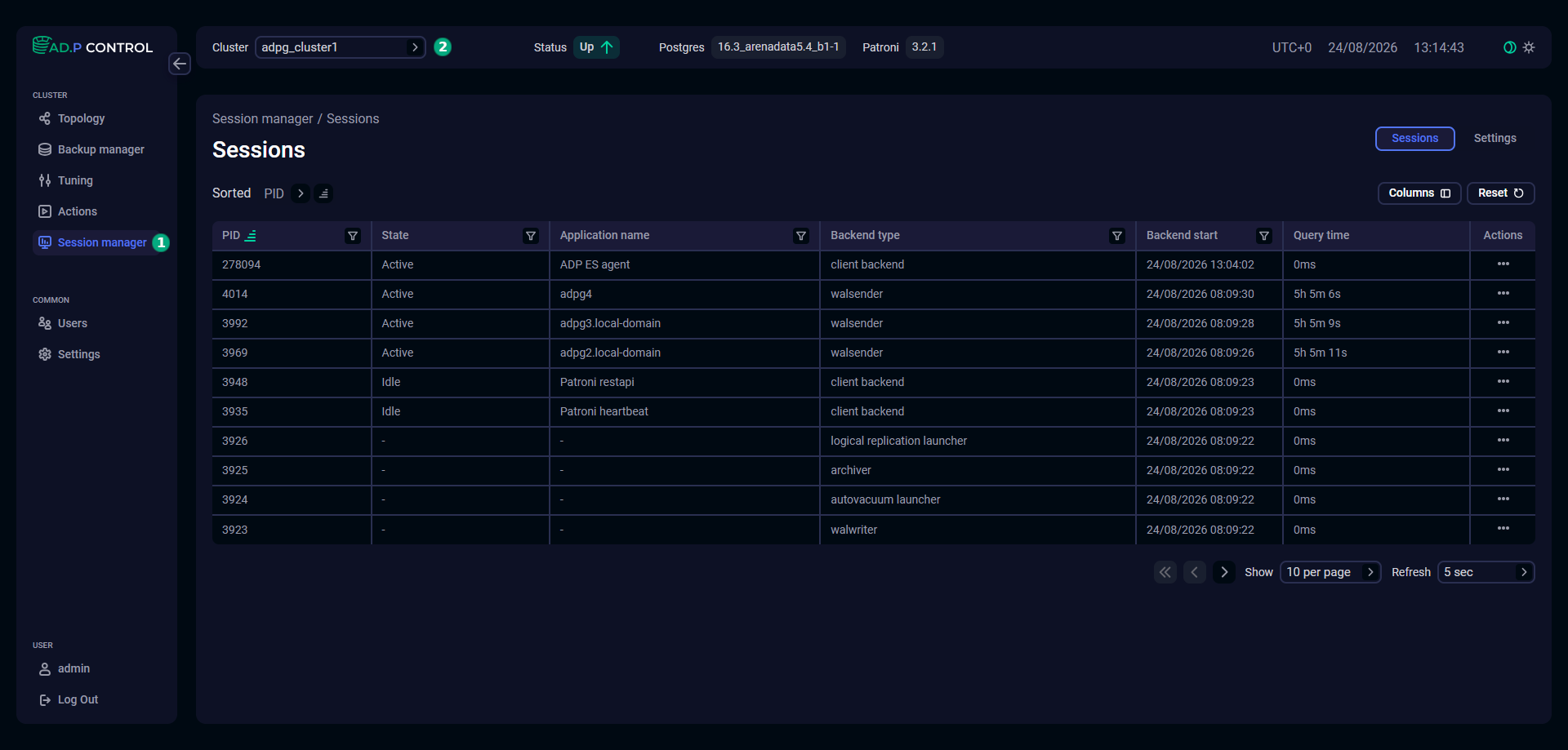 The Session manager page
