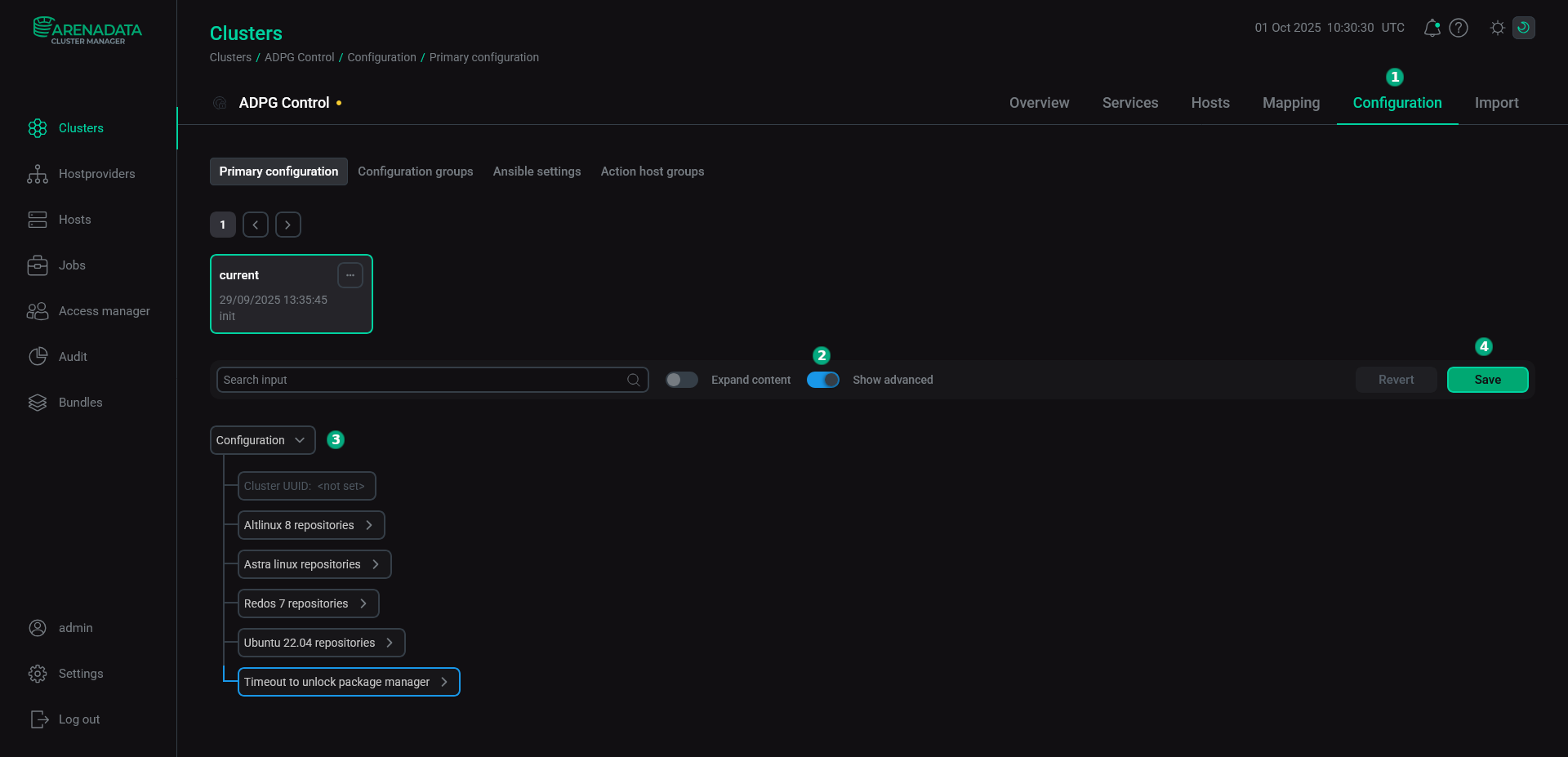 Cluster configuration window
