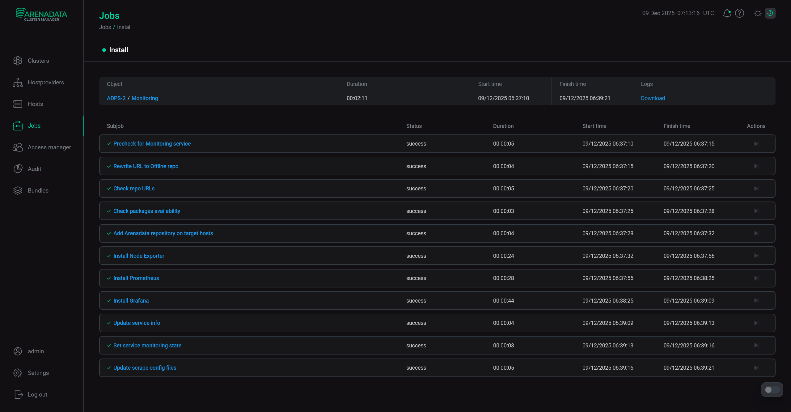 Install service job page