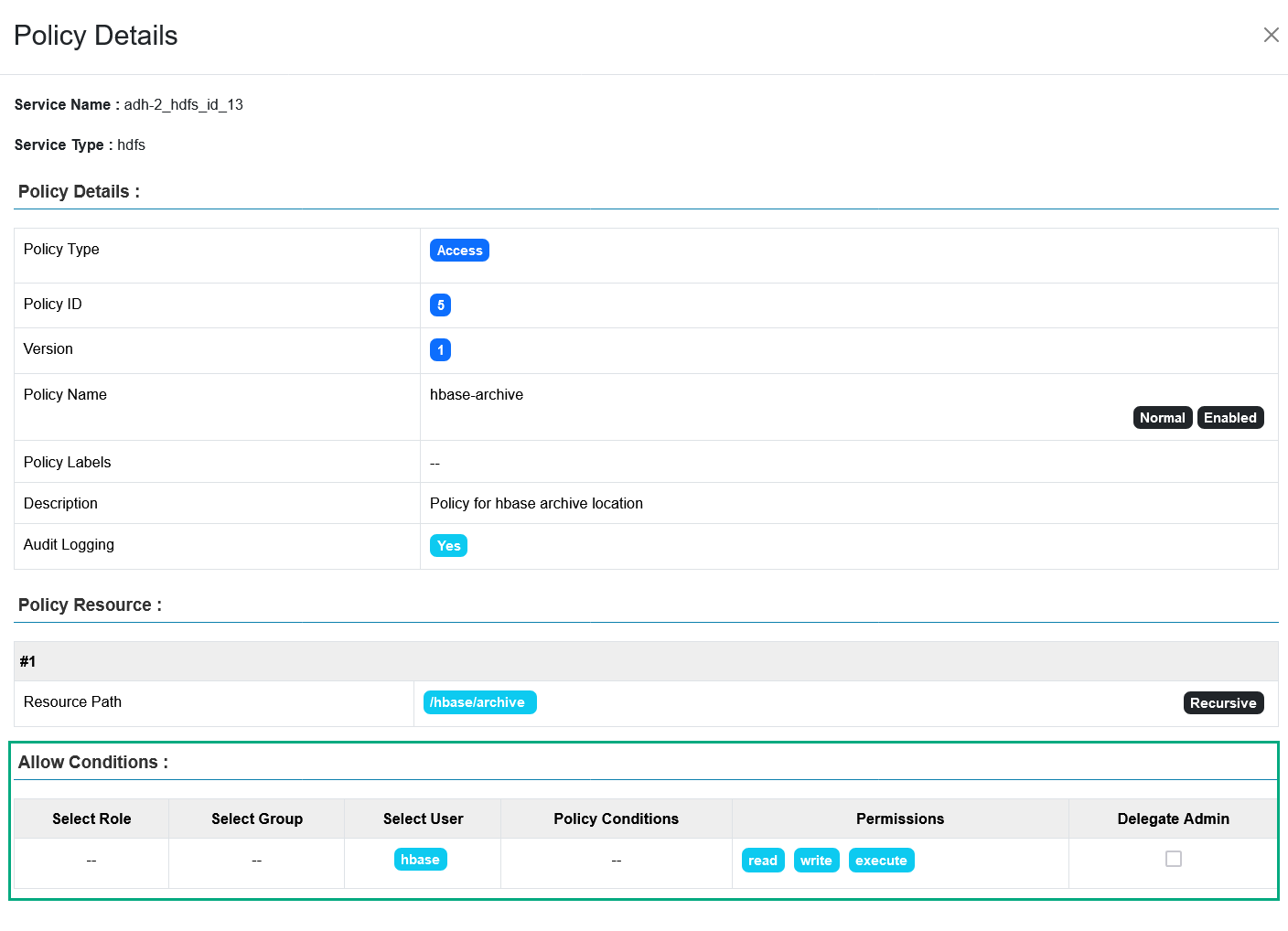 Access conditions for an HDFS policy