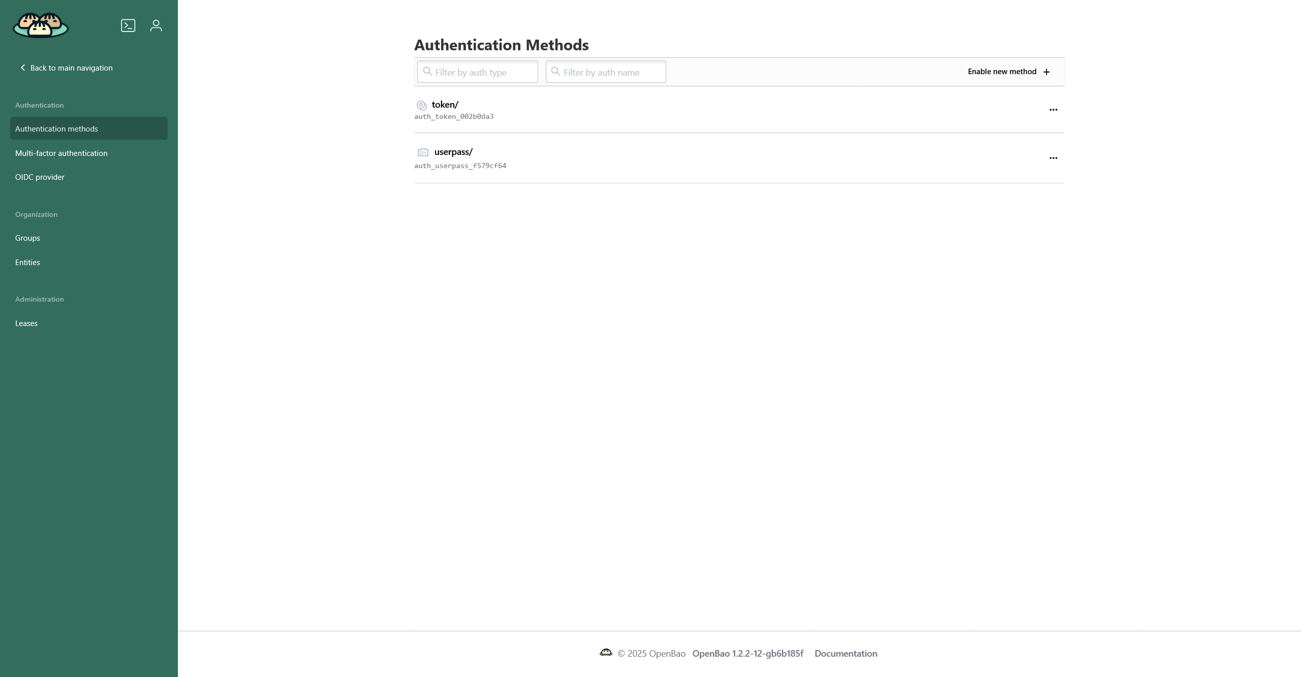 The authentication methods page
